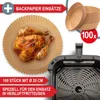 A collage showing air fryer liners, a roasted chicken, and an air fryer basket. Produktbild-Vorschau
