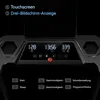 A close-up view of a treadmill's control panel with digital displays and buttons. Produktbild-Vorschau