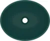 A top-down view of a dark green oval ceramic sink with a drain hole in the center. Náhled obrázku produktu