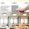 Collage showing a LED ceiling light in different color temperatures and a hand operating a light switch, with text explaining features. Produktbild-Vorschau