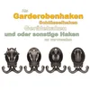 Four cast iron animal head-shaped coat hooks are displayed against a white background, with German text above describing their use. Produktbild-Vorschau