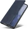 A blue leather flip phone case is shown on a white background. Produktbild-Vorschau