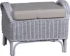 A white rattan ottoman with a beige cushion.