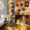 A collage of four images showcasing decorative string lights in various settings, including a ladder with plants, a wall with framed pictures, a bedroom, and decorative lanterns. Produktbild-Vorschau
