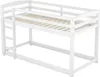 A white wooden bunk bed with a ladder on the left side, shown against a white background. Produktbild-Vorschau