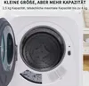 Close-up of a white mini-dryer with its door open, showing the drum and some text overlays. Produktbild-Vorschau