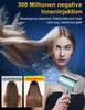 A woman is using a hairdryer on her hair, with before and after images of hair shown. Produktbild-Vorschau