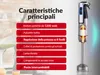 An image displaying features of an immersion blender with text descriptions and a visual of the blender's internal mechanism. Anteprima dell’immagine prodotto