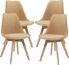 Four beige dining chairs with wooden legs are arranged on a white background. Náhled obrázku produktu