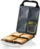 An open sandwich maker with four sandwiches inside, placed on a white surface. Produktbild-Vorschau