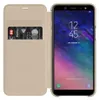 A gold flip case for a Samsung Galaxy A6 2018 phone, showing the phone inside with the screen on and a card slot on the case. Náhled obrázku produktu