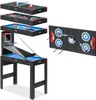 A collage of different game tables and accessories, including a ping pong table, air hockey table, pool table, basketball game, and archery target. Produktbild-Vorschau