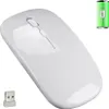 A white wireless mouse is shown on a white background, with a USB receiver and a battery icon in the corners. Produktbild-Vorschau