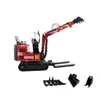 A red and black tracked excavator with a bucket and forks, shown on a white background with additional attachments. Produktbild-Vorschau