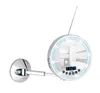 A round, wall-mounted mirror with LED lights and a digital display, mounted on a chrome arm. Produktbild-Vorschau