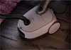 A pink vacuum cleaner is shown on a wooden floor with a rug and a shoe stepping on it. Produktbild-Vorschau