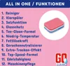 A list of features for a dishwasher detergent tab is presented alongside an image of the tab and a logo. Produktbild-Vorschau