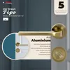 A marketing image showcasing a bronze-colored door handle set with text highlighting its features and warranty. Produktbild-Vorschau