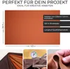 A flat lay image of a piece of leather with text overlays and smaller inset images showing details. Produktbild-Vorschau
