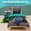 A child's bed with Minecraft-themed bedding, a rug, and a nightstand with accessories. Produktbild-Vorschau