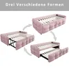 A collage showing a pink upholstered daybed in three different configurations, illustrating its transformation into a larger bed. Podgląd zdjęcia produktu