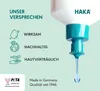 A close-up of a bottle dispensing liquid, with marketing text and icons on the left. Produktbild-Vorschau