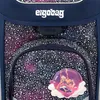 Close-up of a children's backpack with a galaxy-themed pattern and a character patch. Produktbild-Vorschau