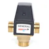 A thermostatic mixing valve with brass fittings and a black plastic housing, shown against a white background. Produktbild-Vorschau