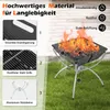 A charcoal grill with flames on a grassy area, with diagrams and text explaining its features. Produktbild-Vorschau