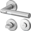 A set of brushed stainless steel door handles and related hardware, including a lever handle, a privacy lock mechanism, and a strike plate, displayed against a white background. Produktbild-Vorschau