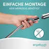 A hand is shown connecting a shower hose to a fixture, with text indicating easy assembly and no tools required. Podgląd zdjęcia produktu