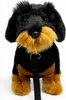 A plush toy dachshund with a leash attached, sitting against a white background. Produktbild-Vorschau