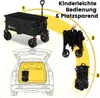 An illustration showing a foldable wagon being placed into the trunk of a car, with additional images demonstrating its folded state. Voir les images du produit