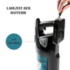 A hand is shown plugging a charger into a cordless vacuum cleaner. Text indicates battery charging time. Produktbild-Vorschau