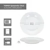 A white porcelain dinner plate with dimensions and feature icons. Anteprima dell’immagine prodotto