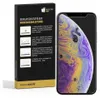 A product package for a screen protector is shown next to an iPhone with a colorful wallpaper. Produktbild-Vorschau
