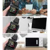 A collage of three images showing a digital EMF meter being used in different settings: near people using smartphones, on a desk with a computer, and near a microwave. Náhled obrázku produktu