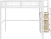 A white metal loft bed with wooden steps against a white background. Náhled obrázku produktu