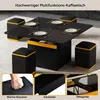 A black and yellow multifunctional coffee table with four black stools, shown in a living room setting with close-up views of its features. Voir les images du produit