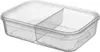 A clear, studio shot of a transparent, two-compartment lunchbox with its lid on, placed on a white background. Produktbild-Vorschau