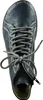 A top-down view of a blue leather boot with gray and white laces tied in a bow. Voir les images du produit