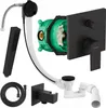 A collection of bathroom fixture components, including a showerhead, hose, drain assembly, and concealed valve body, arranged on a white background. Produktbild-Vorschau