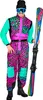 A person wearing a colorful 80s retro ski suit and holding skis. Produktbild-Vorschau