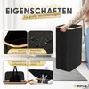 A person's hands are shown placing items into a tall, black storage container with a wooden rim. The image is a collage of close-ups highlighting product features. Produktbild-Vorschau
