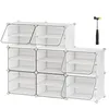 A white modular shoe rack with clear doors, arranged in a staggered pattern. A yellow and black mallet is positioned to the right of the rack. Náhled obrázku produktu