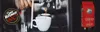 A hand operating an espresso machine, with a cup of coffee being brewed and a bag of coffee beans. Produktbild-Vorschau