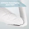 Close-up of a white quilted fabric product with a hook-and-loop fastener, with text overlay indicating easy attachment. Produktbild-Vorschau