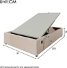 A beige upholstered bed frame with the mattress support lifted, revealing storage space. Dimensions are indicated with lines and numbers. Produktbild-Vorschau