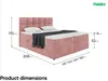 A pink upholstered bed with dimensions indicated by lines and measurements. Produktbild-Vorschau