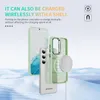 A phone case and phone are shown with a wireless charger, illustrating wireless charging capabilities. Produktbild-Vorschau